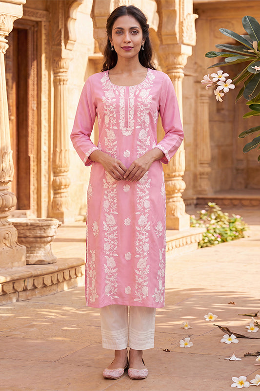 Pink Viscose Rayon Solid Embroidered Regular Kurta VCK9801