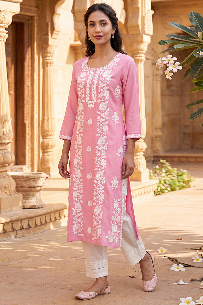 Pink Viscose Rayon Solid Embroidered Regular Kurta VCK9801