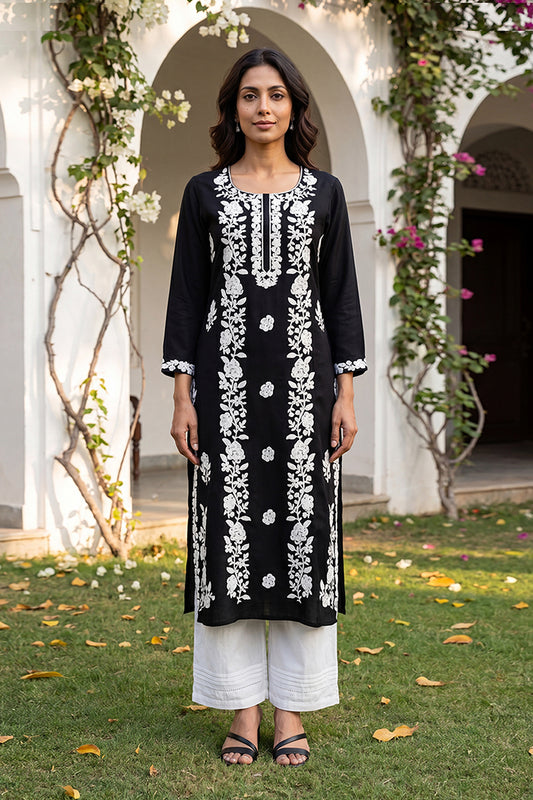 Black Viscose Rayon Solid Embroidered Regular Kurta VCK9802