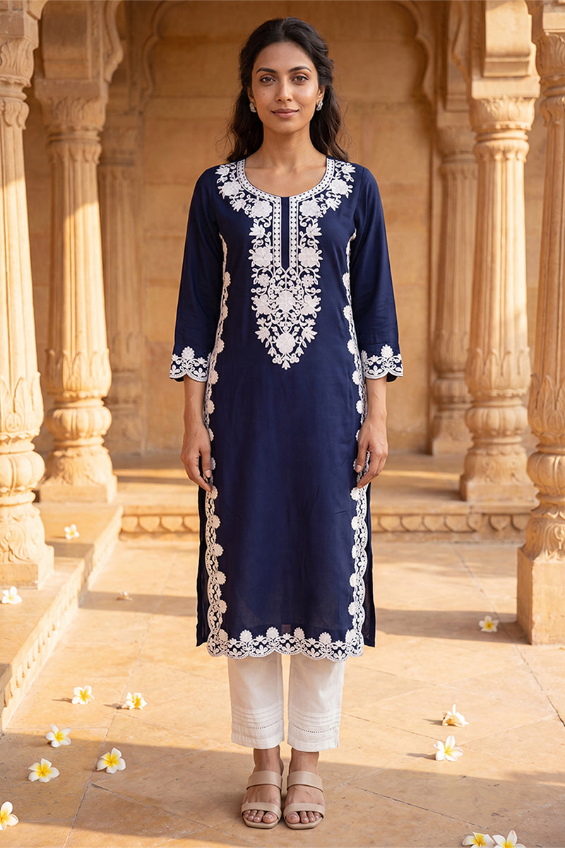 Blue Viscose Rayon Solid Embroidered Regular Kurta VCK9803