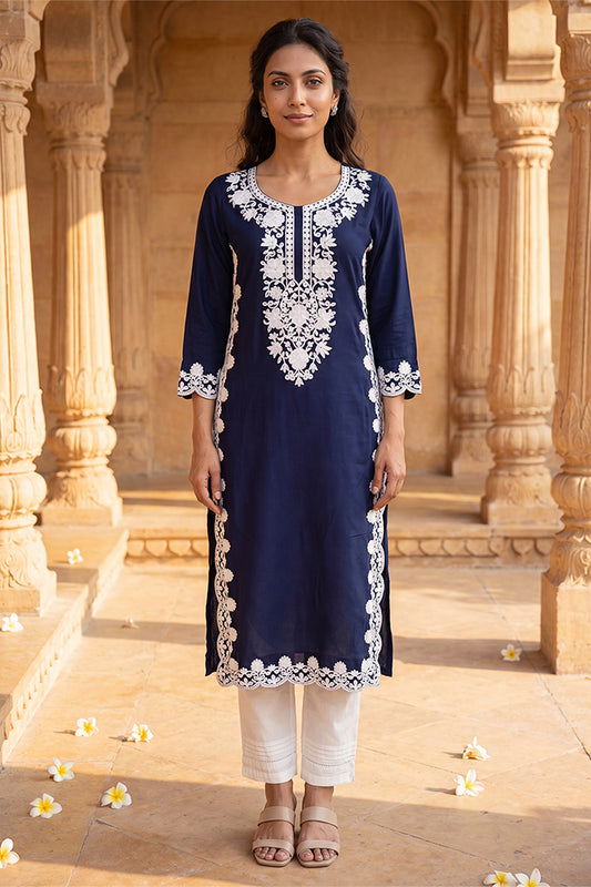 Blue Viscose Rayon Solid Embroidered Regular Kurta VCK9803