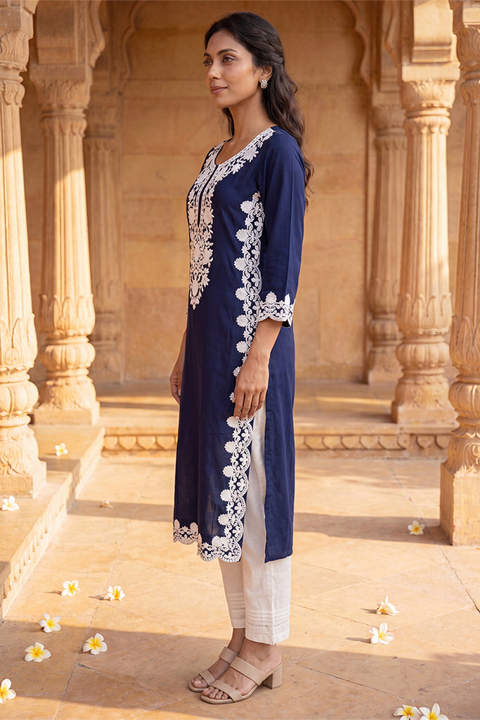 Blue Viscose Rayon Solid Embroidered Regular Kurta VCK9803