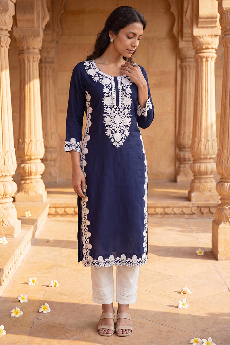 Blue Viscose Rayon Solid Embroidered Regular Kurta VCK9803