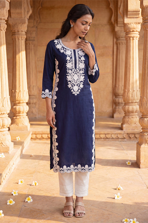 Blue Viscose Rayon Solid Embroidered Regular Kurta VCK9803