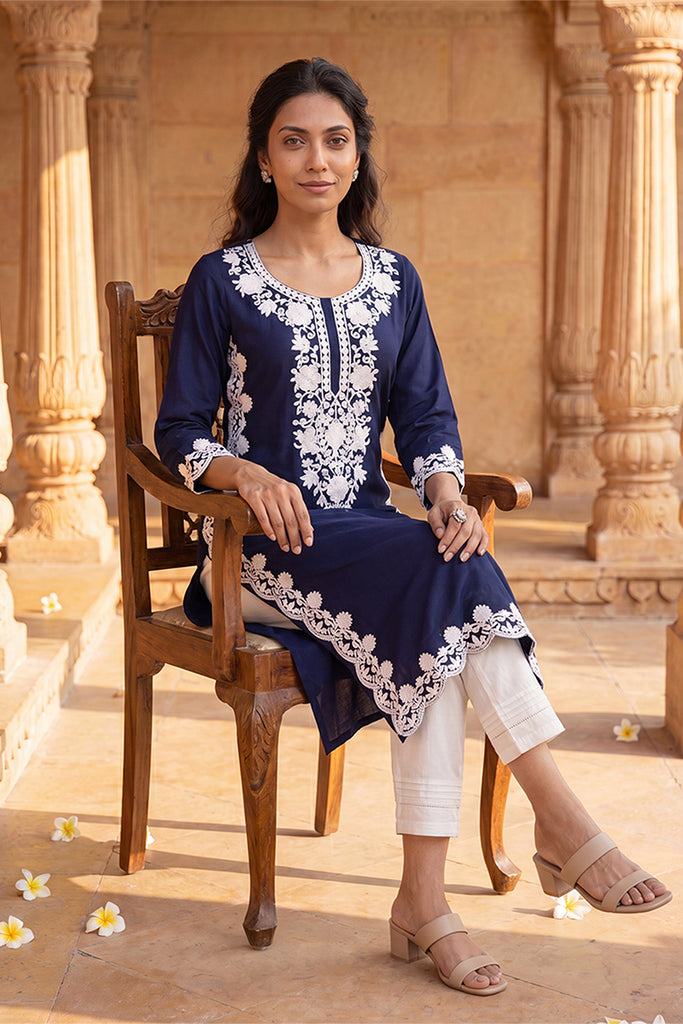 Blue Viscose Rayon Solid Embroidered Regular Kurta VCK9803