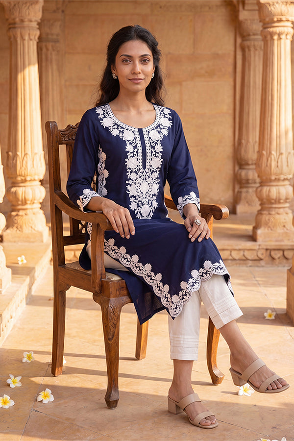 Blue Viscose Rayon Solid Embroidered Regular Kurta VCK9803