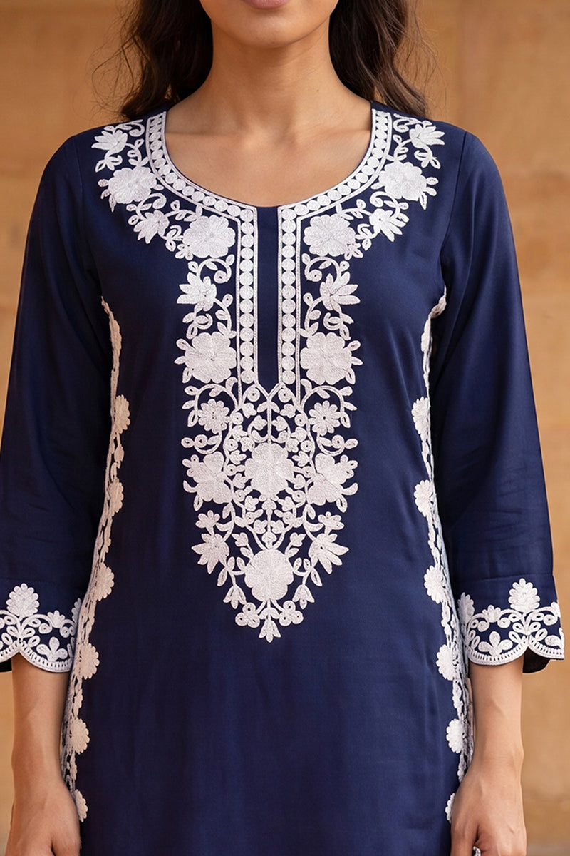 Blue Viscose Rayon Solid Embroidered Regular Kurta VCK9803