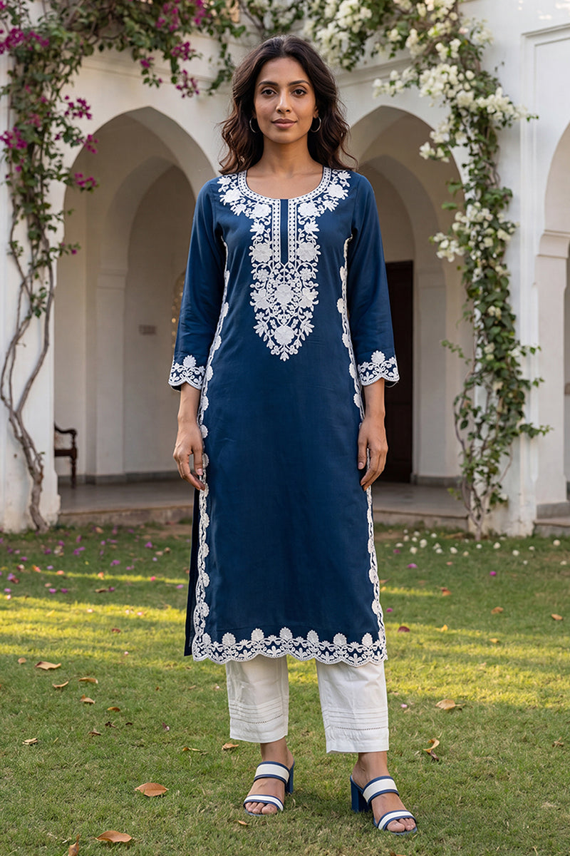 Blue Viscose Rayon Solid Embroidered Regular Kurta VCK9808