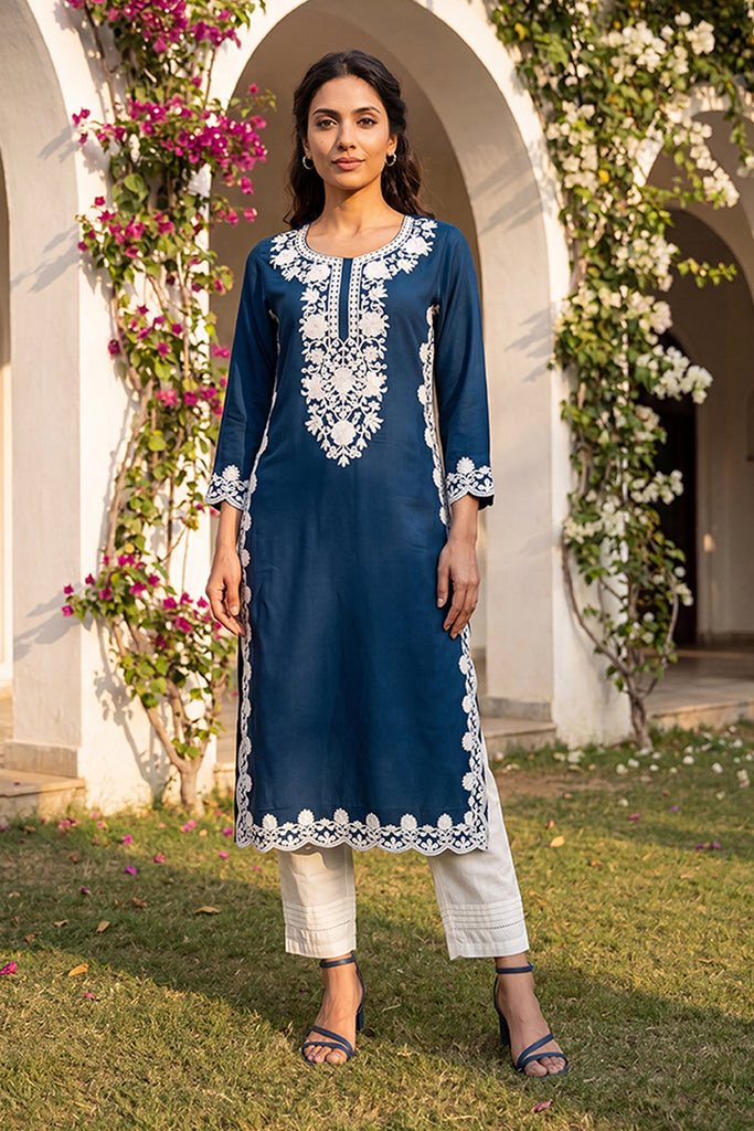 Blue Viscose Rayon Solid Embroidered Regular Kurta VCK9808
