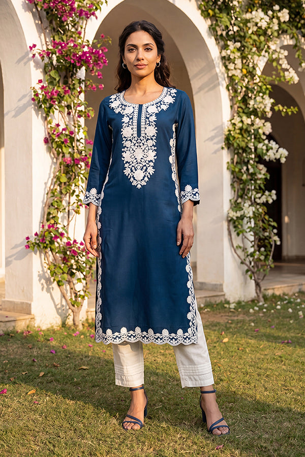 Blue Viscose Rayon Solid Embroidered Regular Kurta VCK9808