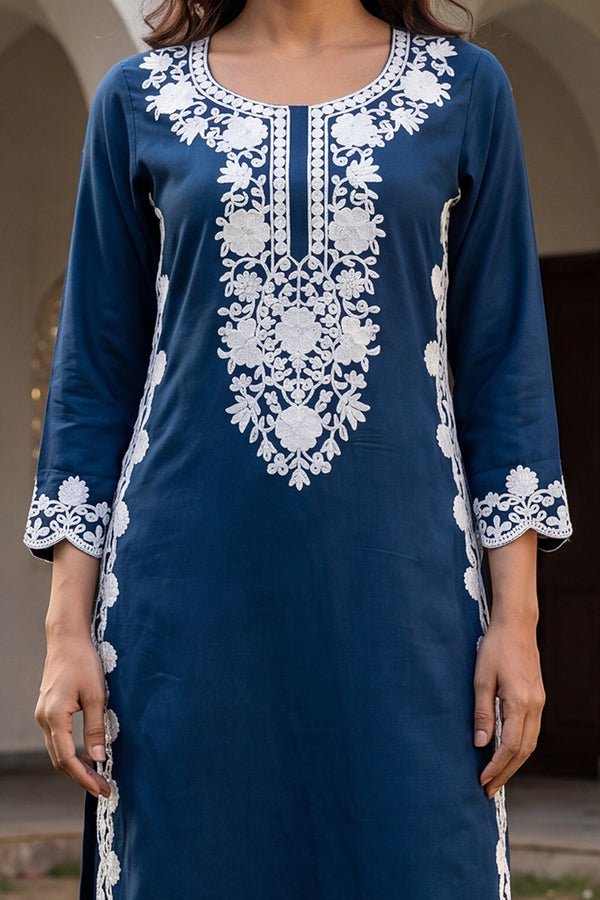 Blue Viscose Rayon Solid Embroidered Regular Kurta VCK9808