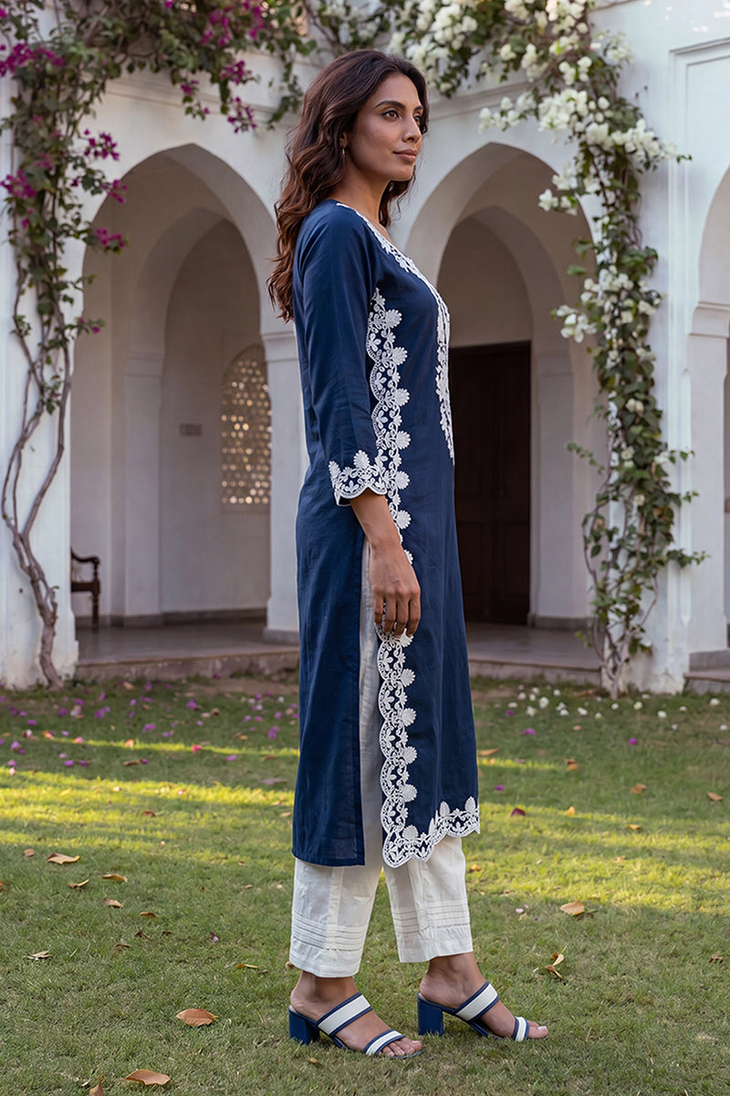 Blue Viscose Rayon Solid Embroidered Regular Kurta VCK9808