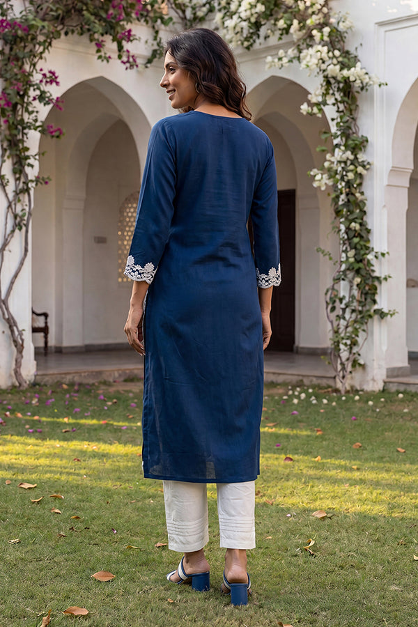 Blue Viscose Rayon Solid Embroidered Regular Kurta VCK9808
