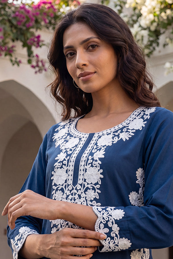 Blue Viscose Rayon Solid Embroidered Regular Kurta VCK9808