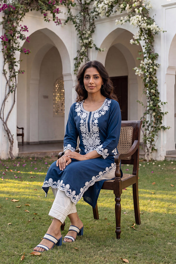 Blue Viscose Rayon Solid Embroidered Regular Kurta VCK9808