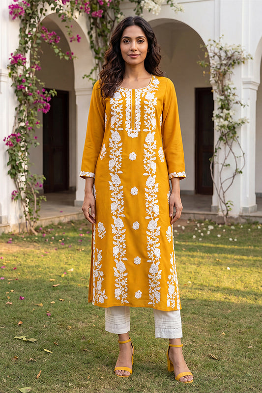 Mustard Viscose Rayon Solid Embroidered Regular Kurta VCK9812