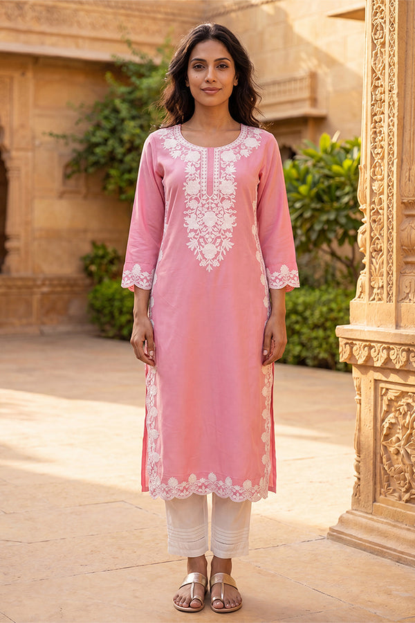 Pink Viscose Rayon Solid Embroidered Regular Kurta VCK9814