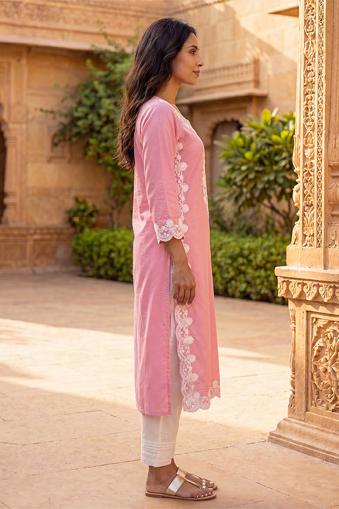 Pink Viscose Rayon Solid Embroidered Regular Kurta VCK9814