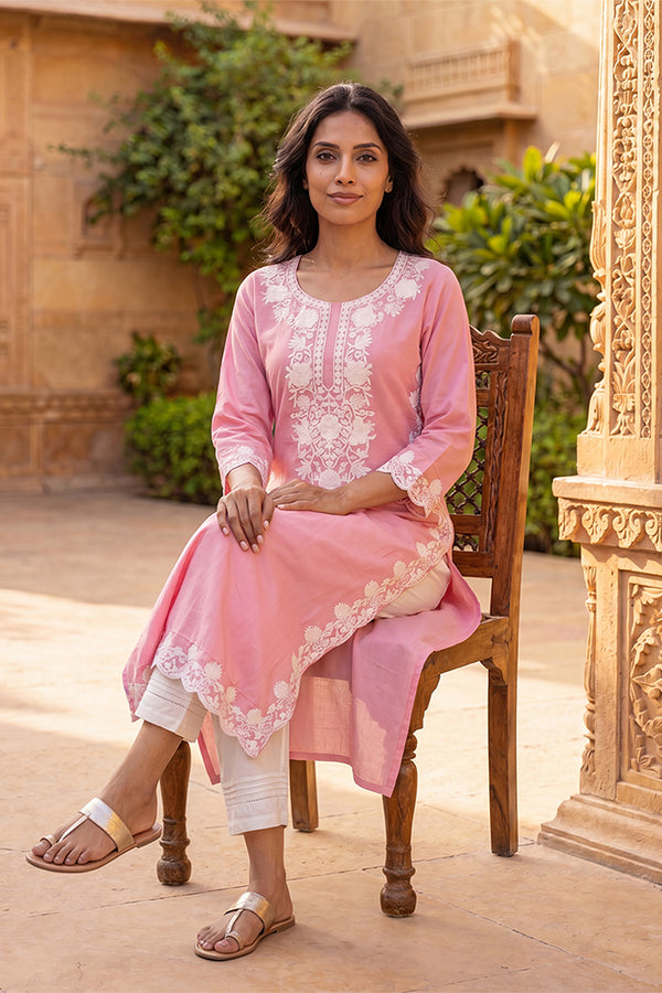 Pink Viscose Rayon Solid Embroidered Regular Kurta VCK9814