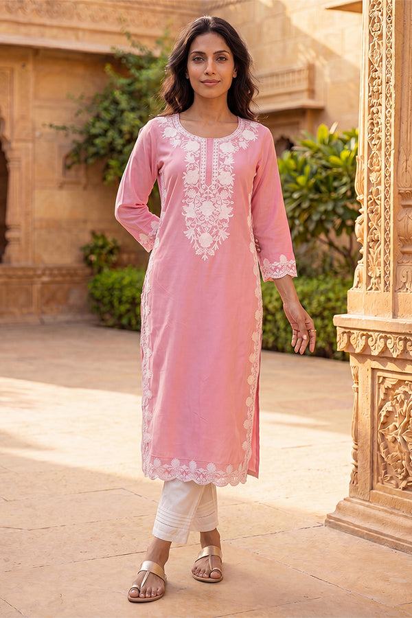 Pink Viscose Rayon Solid Embroidered Regular Kurta VCK9814