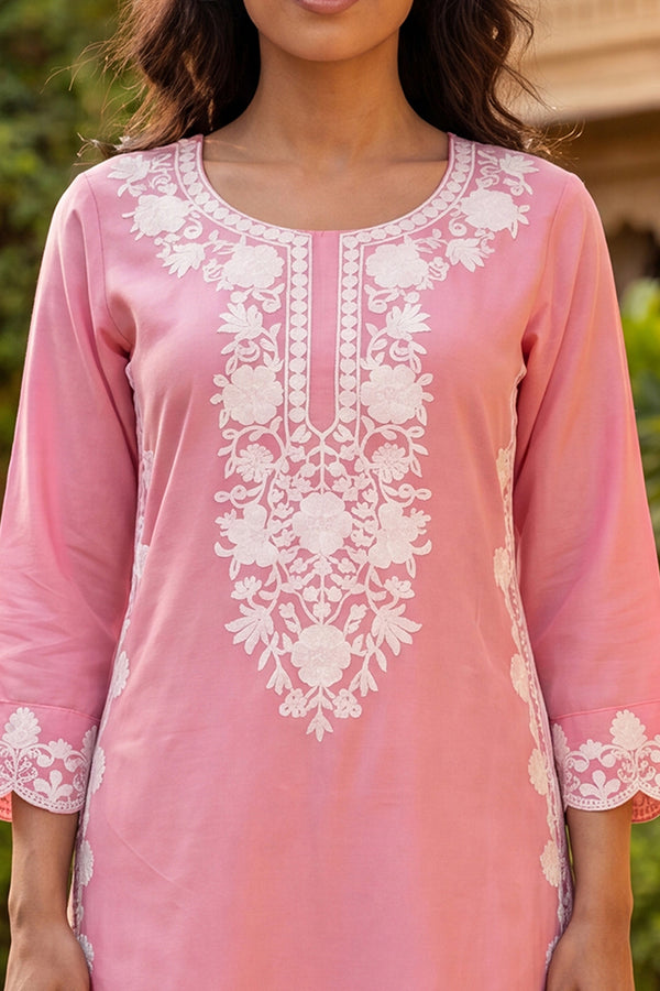 Pink Viscose Rayon Solid Embroidered Regular Kurta VCK9814