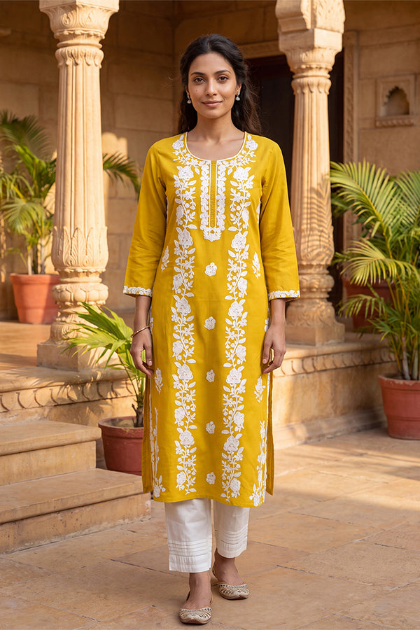 Yellow Viscose Rayon Solid Embroidered Regular Kurta VCK9816