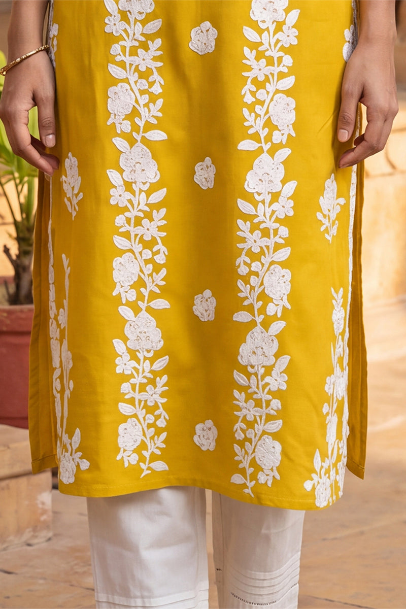 Yellow Viscose Rayon Solid Embroidered Regular Kurta VCK9816