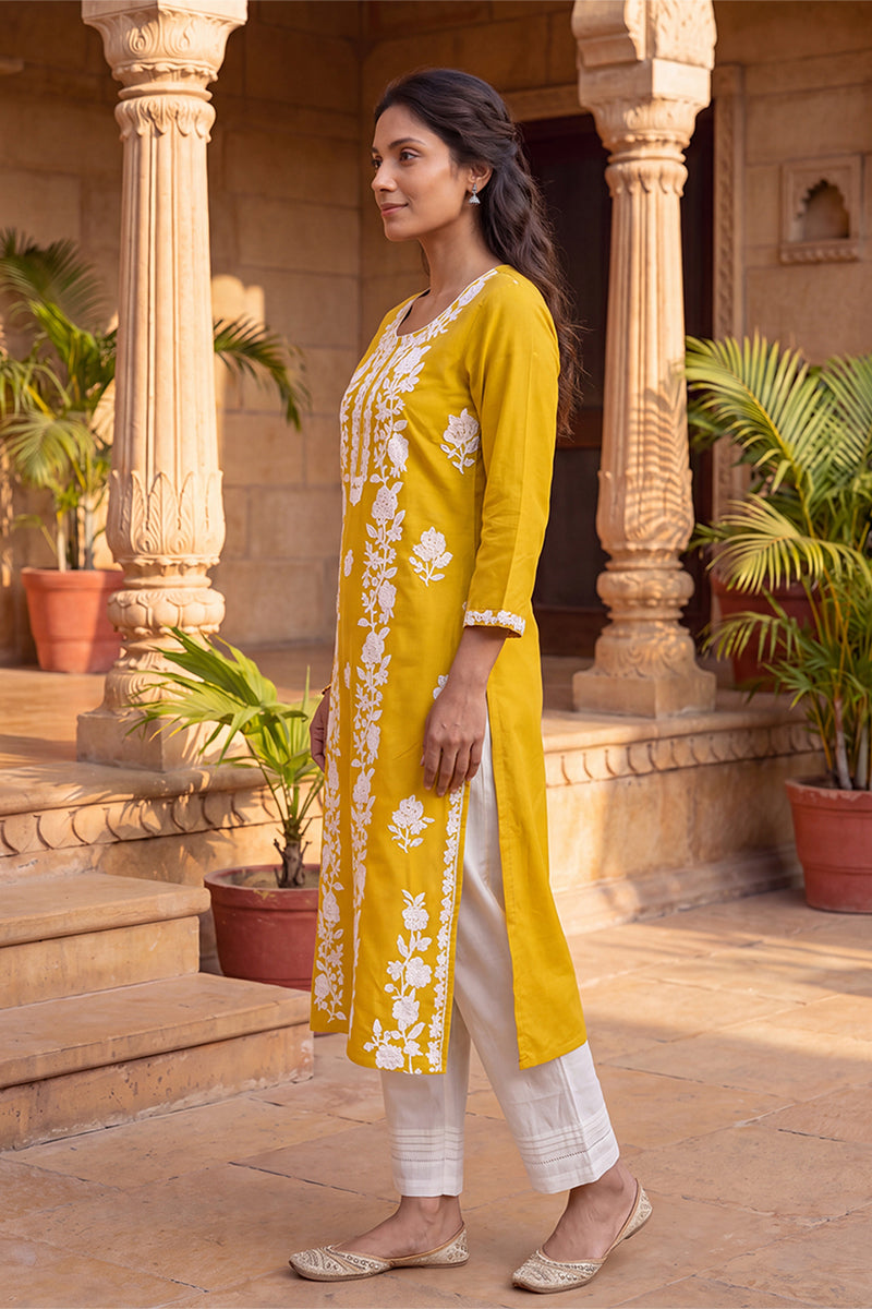 Yellow Viscose Rayon Solid Embroidered Regular Kurta VCK9816