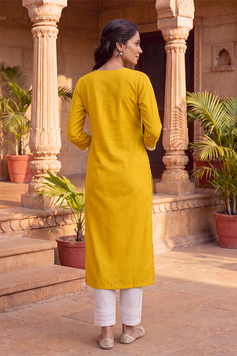 Yellow Viscose Rayon Solid Embroidered Regular Kurta VCK9816