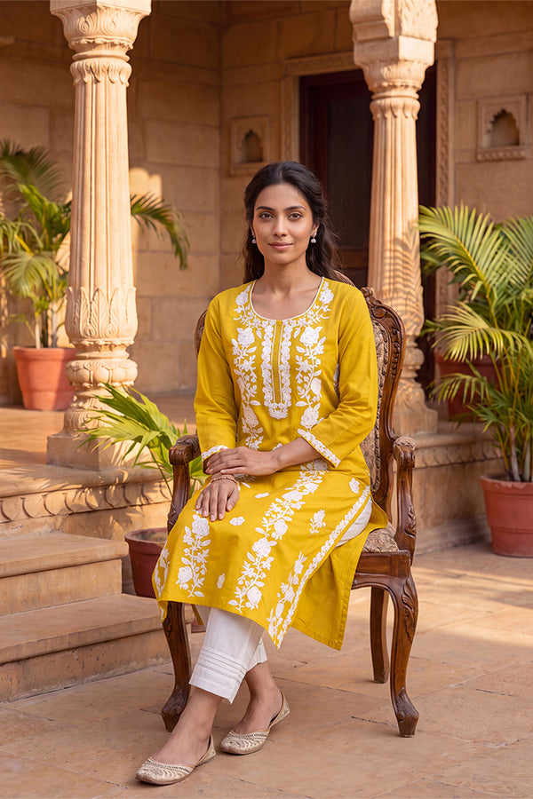 Yellow Viscose Rayon Solid Embroidered Regular Kurta VCK9816
