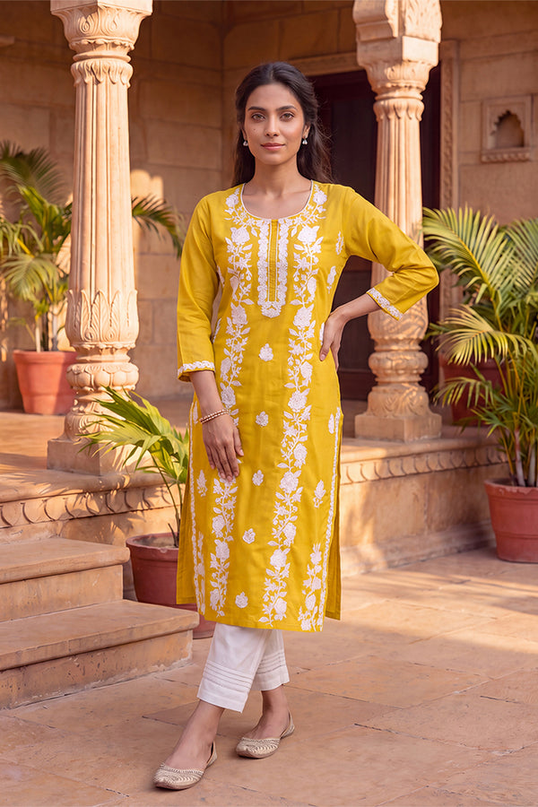 Yellow Viscose Rayon Solid Embroidered Regular Kurta VCK9816