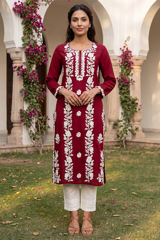 Red Viscose Rayon Solid Embroidered Regular Kurta VCK9817