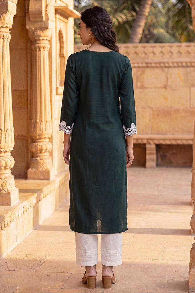 Green Viscose Rayon Solid Embroidered Regular Kurta VCK9818