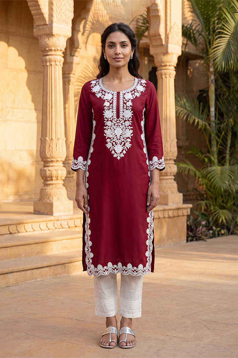 Red Viscose Rayon Solid Embroidered Regular Kurta VCK9819