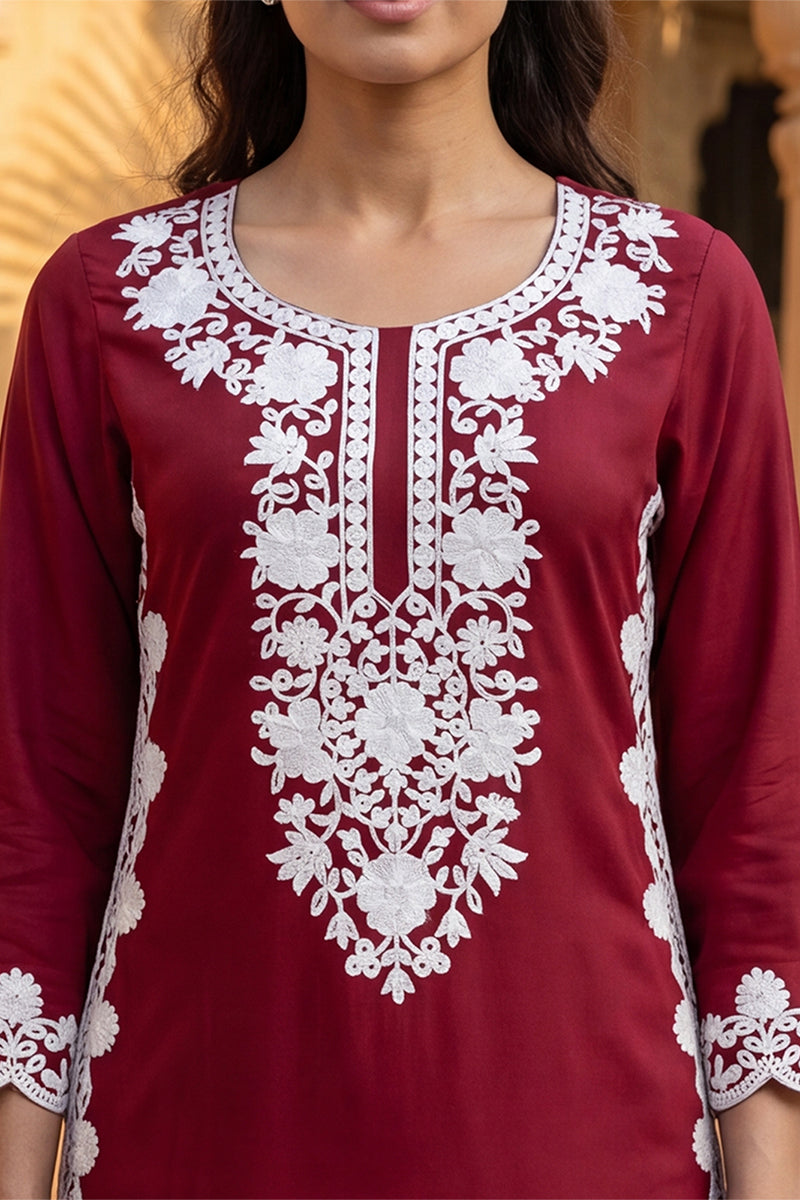 Red Viscose Rayon Solid Embroidered Regular Kurta VCK9819