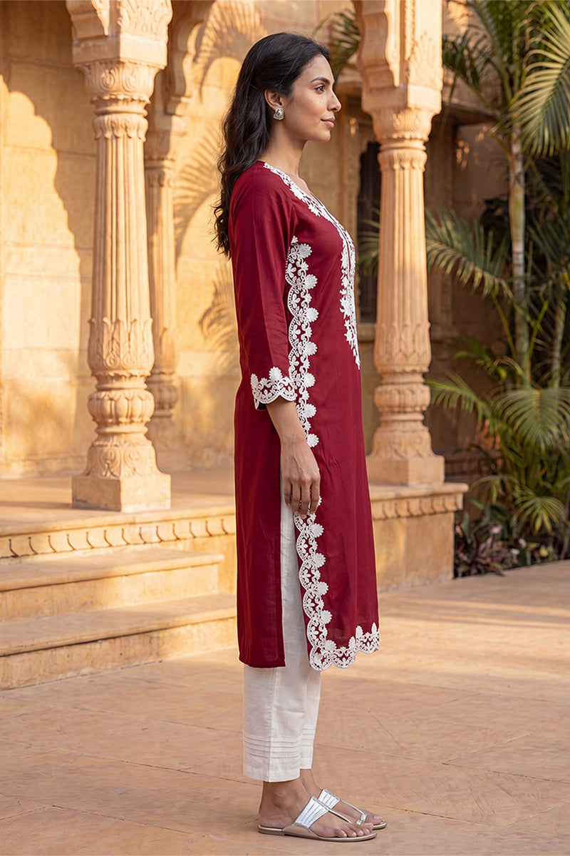 Red Viscose Rayon Solid Embroidered Regular Kurta VCK9819