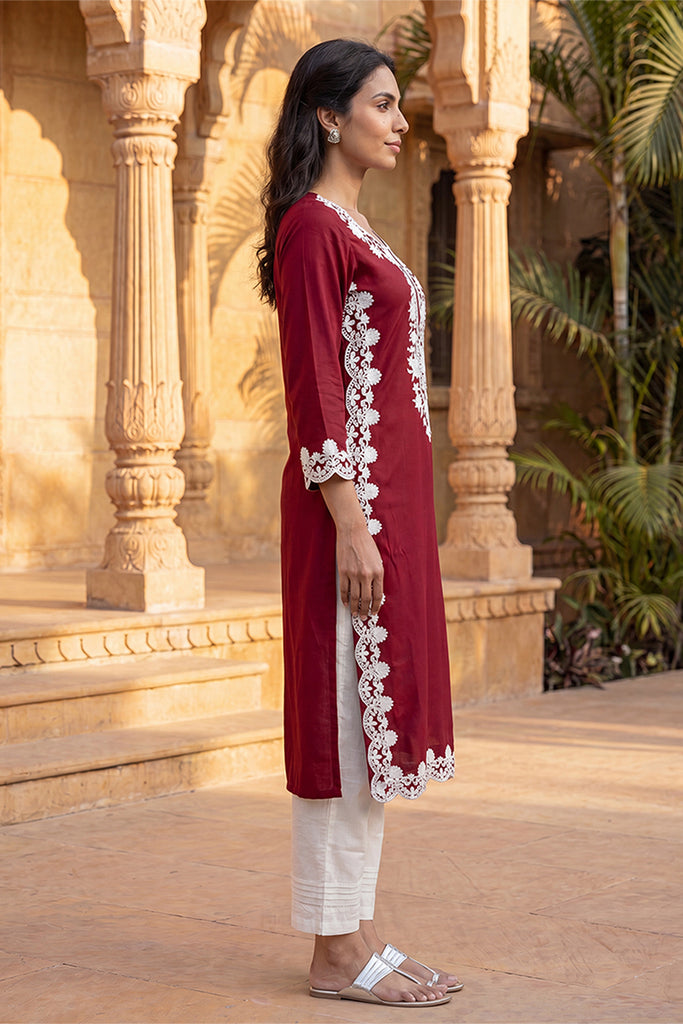Red Viscose Rayon Solid Embroidered Regular Kurta VCK9819