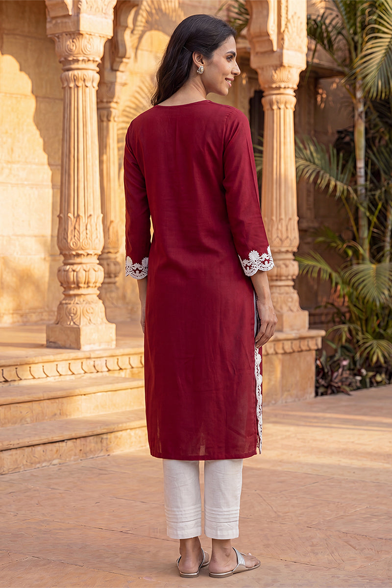Red Viscose Rayon Solid Embroidered Regular Kurta VCK9819
