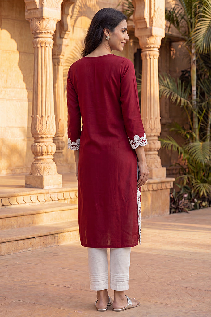 Red Viscose Rayon Solid Embroidered Regular Kurta VCK9819