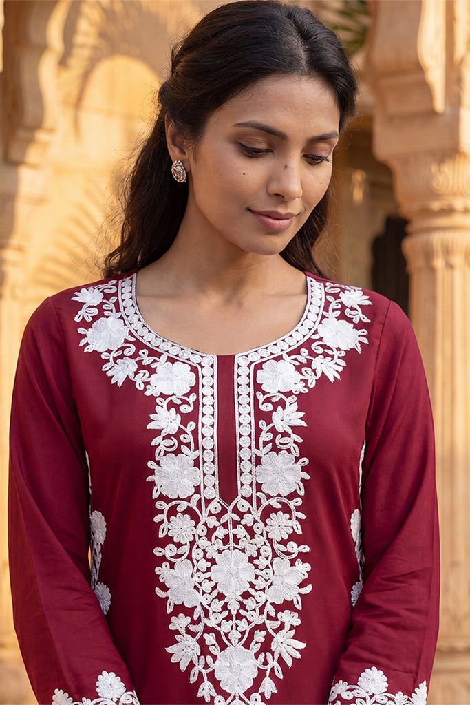 Red Viscose Rayon Solid Embroidered Regular Kurta VCK9819