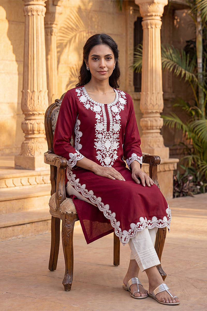 Red Viscose Rayon Solid Embroidered Regular Kurta VCK9819