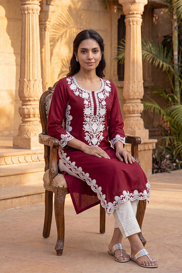 Red Viscose Rayon Solid Embroidered Regular Kurta VCK9819