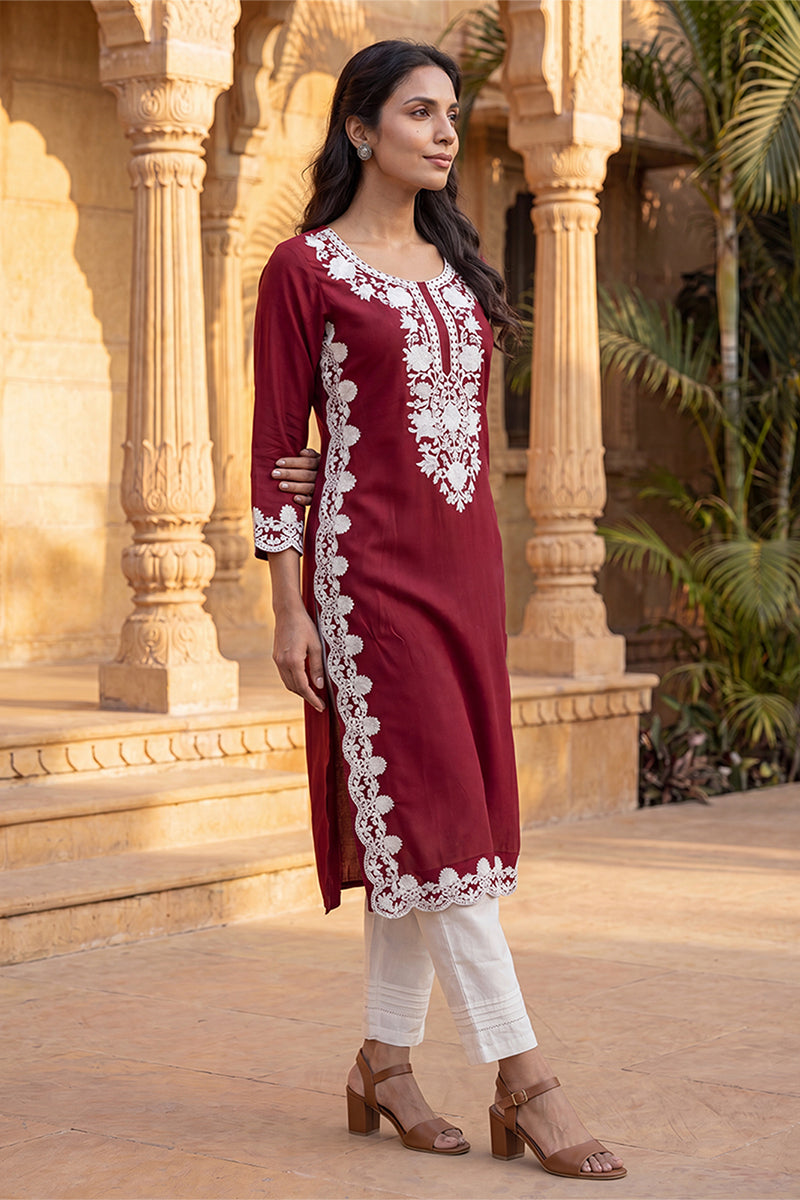 Red Viscose Rayon Solid Embroidered Regular Kurta VCK9819