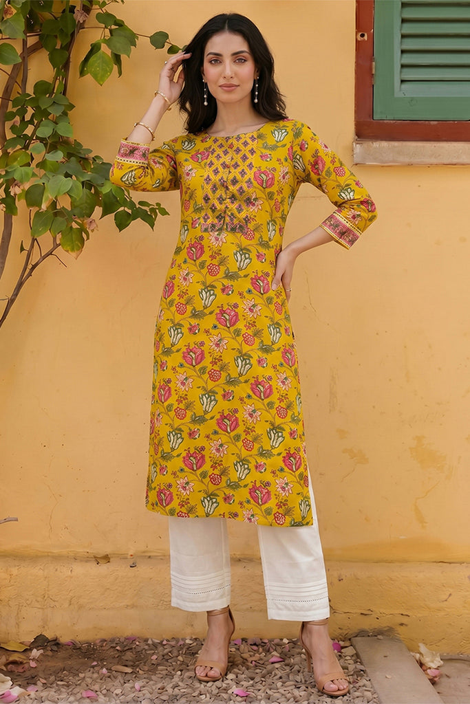Rayon Yellow Floral Digital Printed Regular Kurta VCK9820