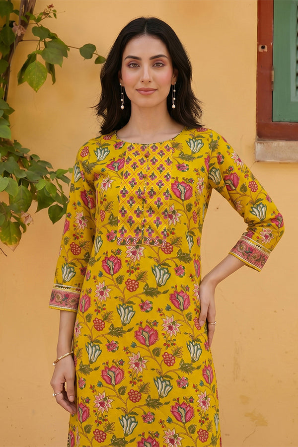 Rayon Yellow Floral Digital Printed Regular Kurta VCK9820