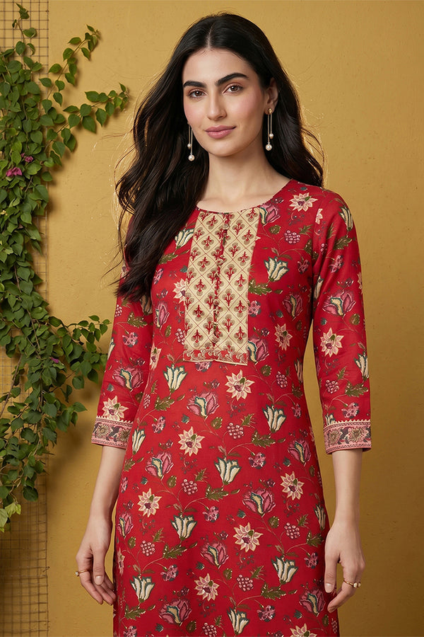 Rayon Red Floral Digital Printed Regular Kurta VCK9821
