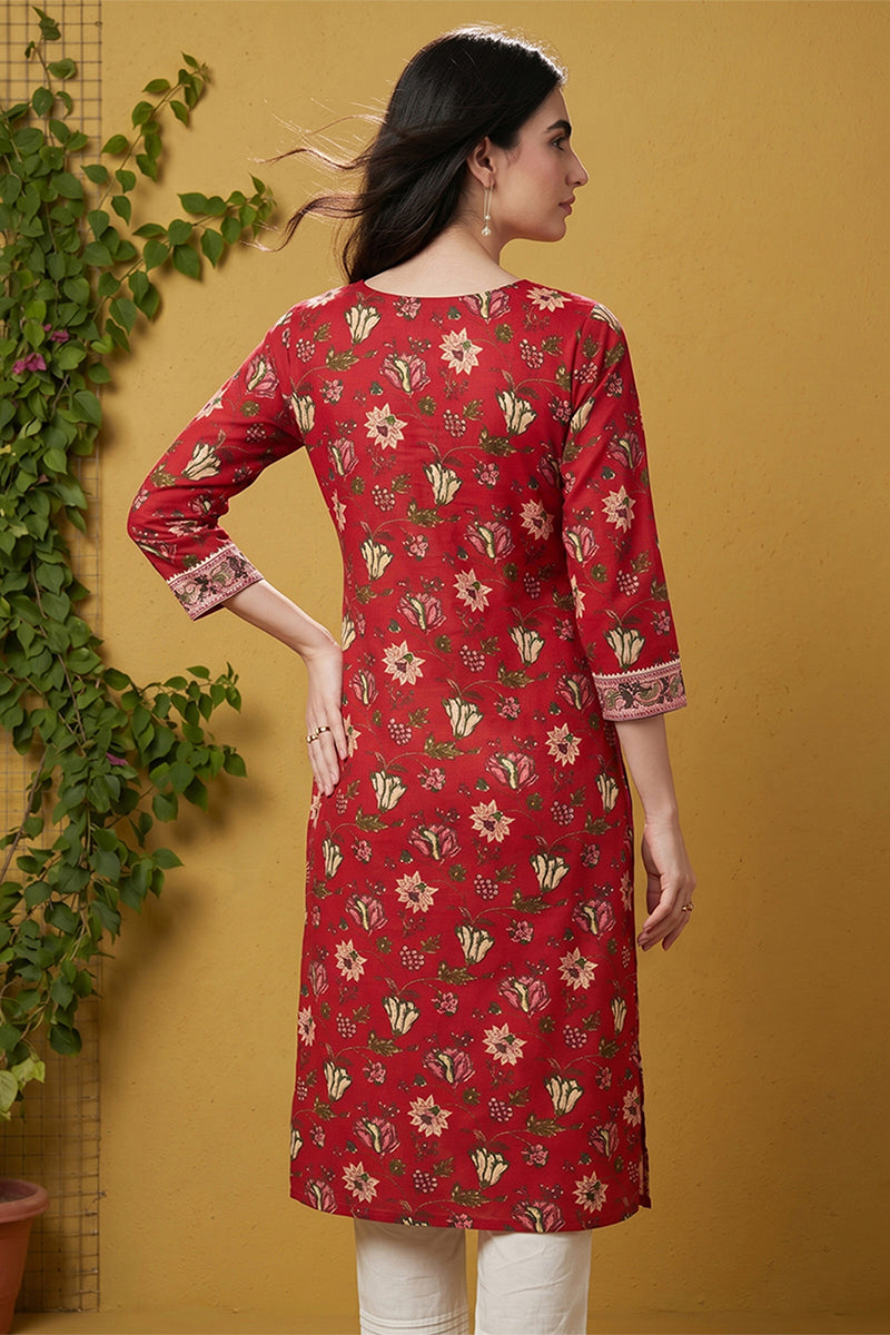 Rayon Red Floral Digital Printed Regular Kurta VCK9821
