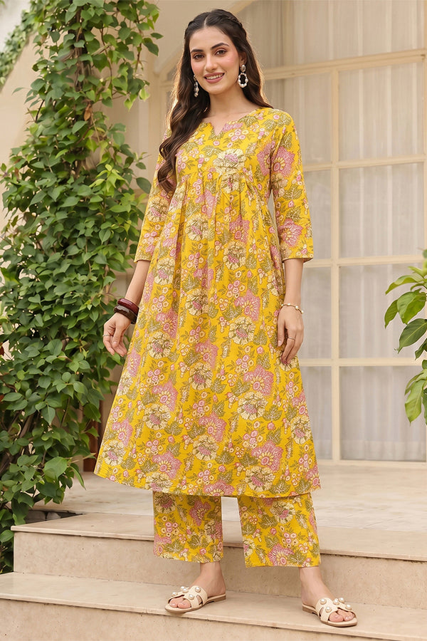 Cotton Blend Yellow Floral Digital Printed Regular Kurta VCK9823