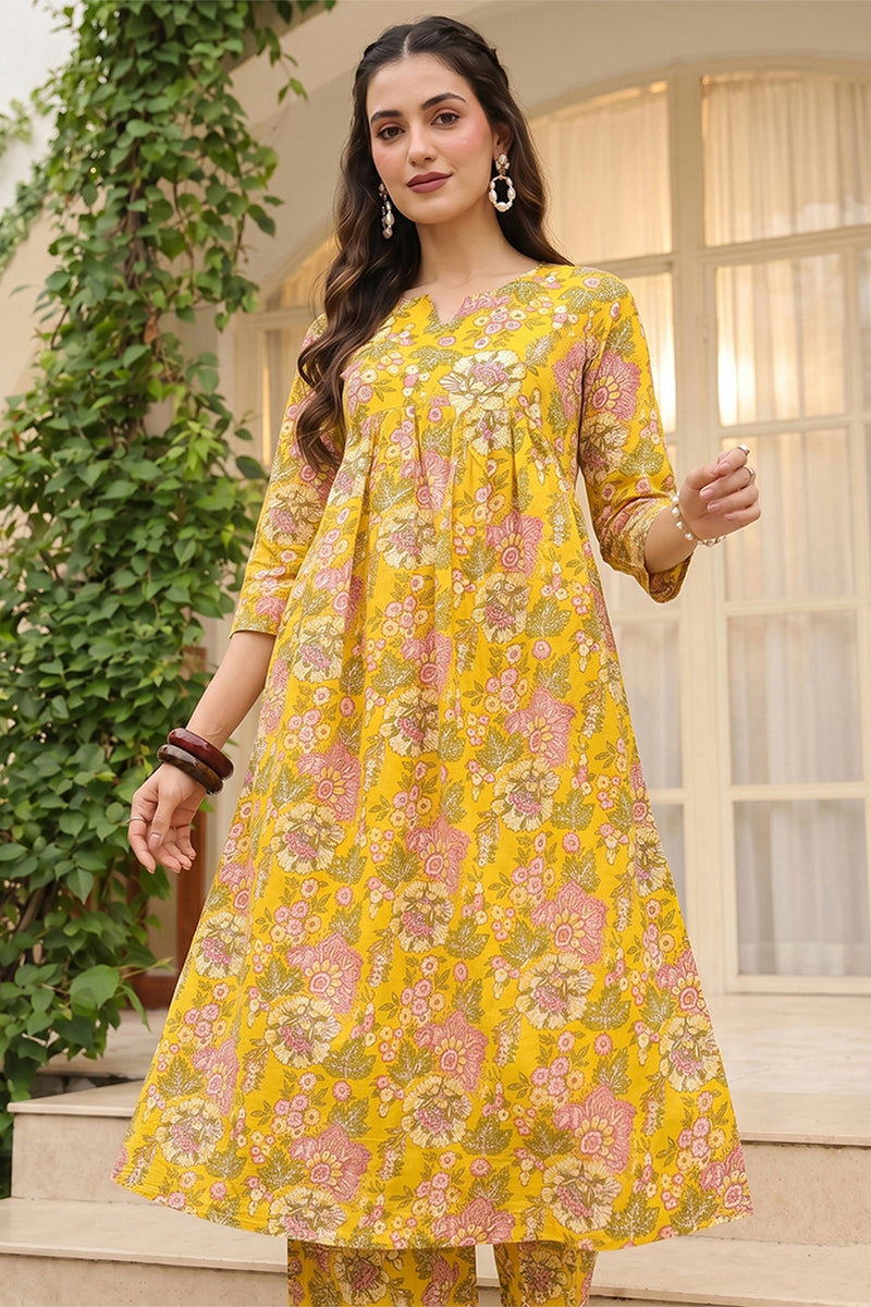 Cotton Blend Yellow Floral Digital Printed Regular Kurta VCK9823