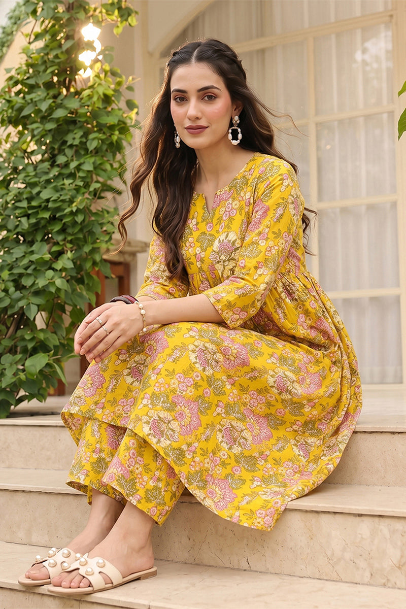 Cotton Blend Yellow Floral Digital Printed Regular Kurta VCK9823